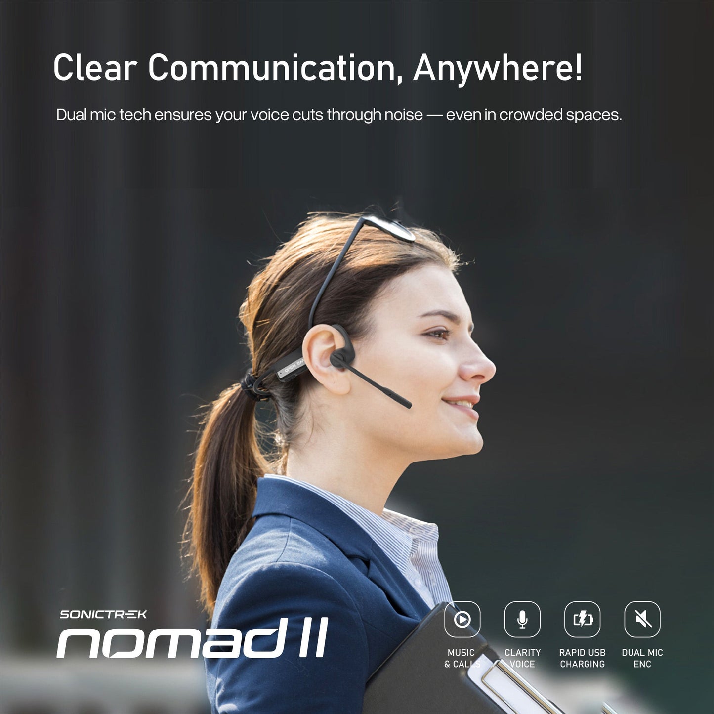 Sonictrek Nomad 2 Wireless Open Ear Headset With Boom Mic For More Productive Work