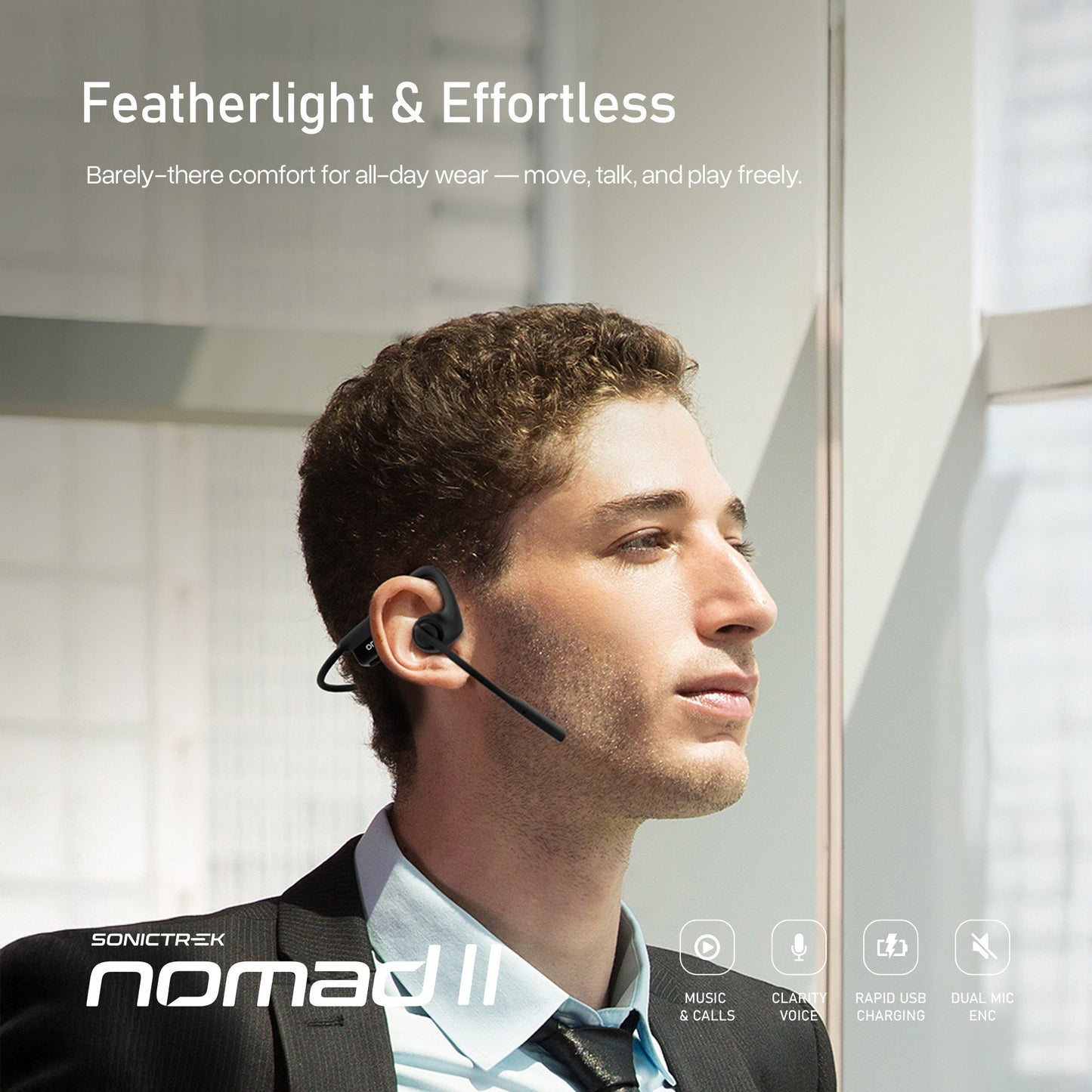 Sonictrek Nomad 2 Wireless Open Ear Headset With Boom Mic For More Productive Work