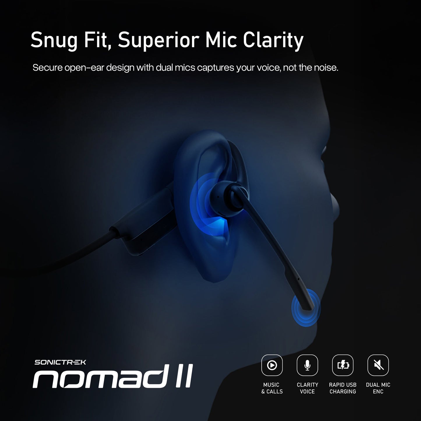Sonictrek Nomad 2 Wireless Open Ear Headset With Boom Mic For More Productive Work