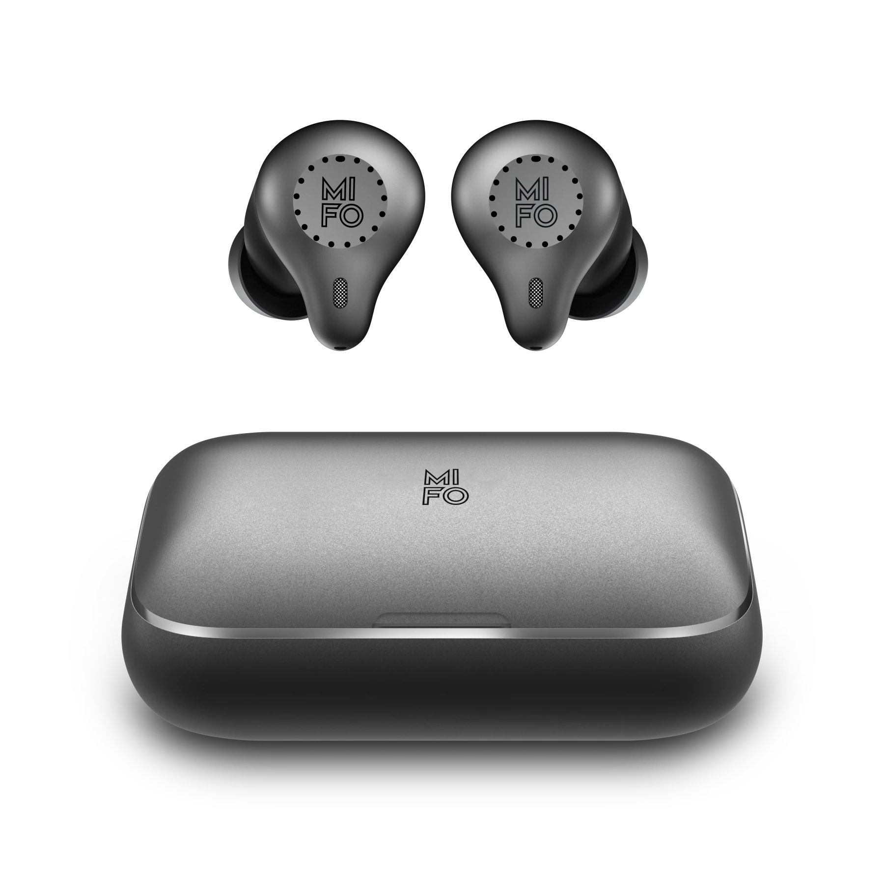 Graphite Mifo Gen 4 Wireless Earbuds and aluminium charging case